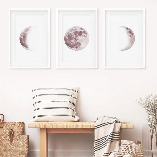 Moon Phases Wall Art Set of 3. Pink Nursery Decor