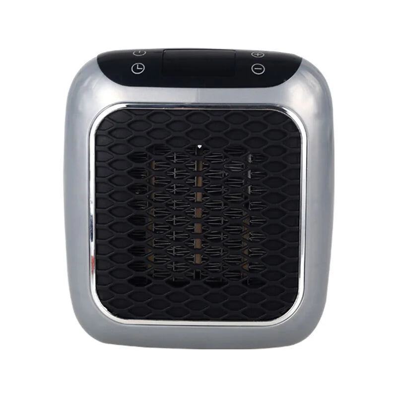 Gray mini fan heater wall-mounted with black front grille – digital control panel on top