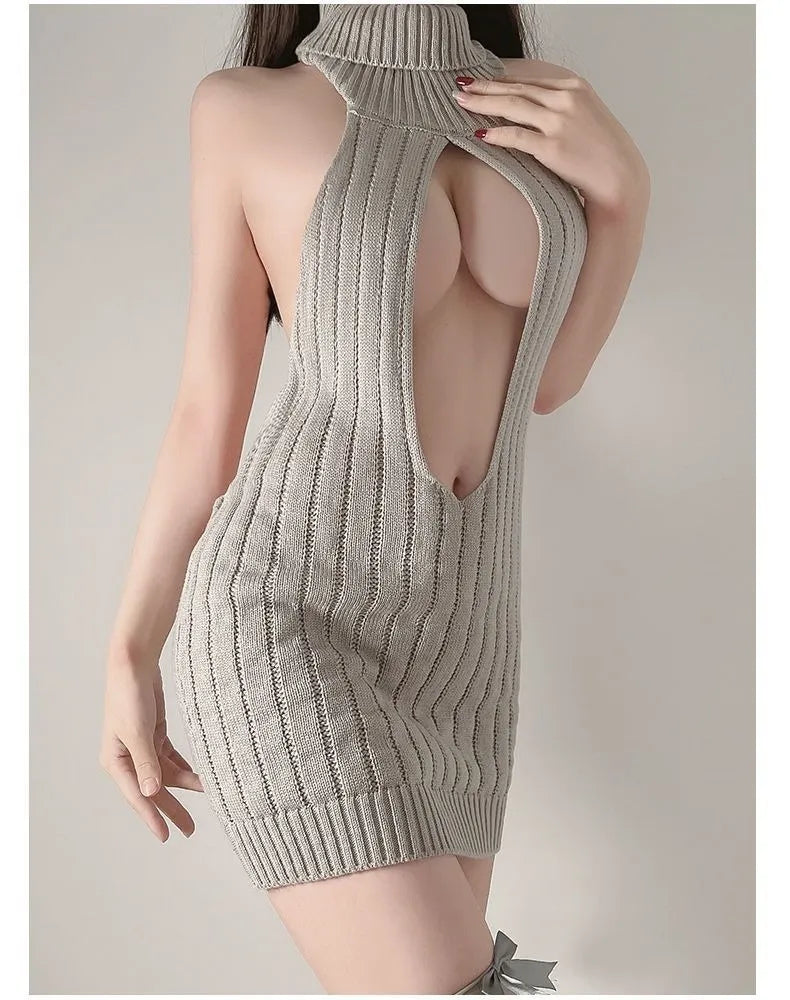 Gray stretchy sweater dress with bold turtleneck design