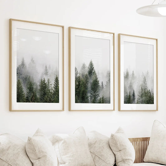 Pine Forest Wall Art Triptych. Foggy Nordic Trees