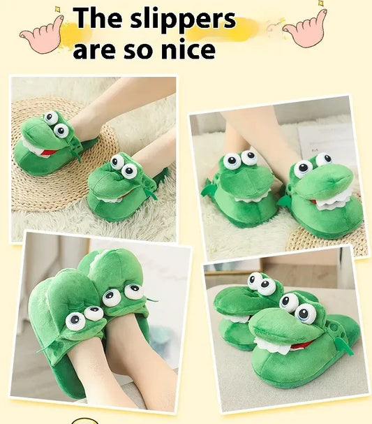 Green aligator shaped slippers worn by a person on a light background