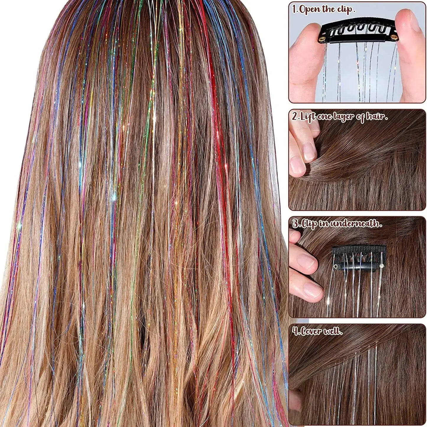 Hair tinsel clip installation guide showing four easy steps