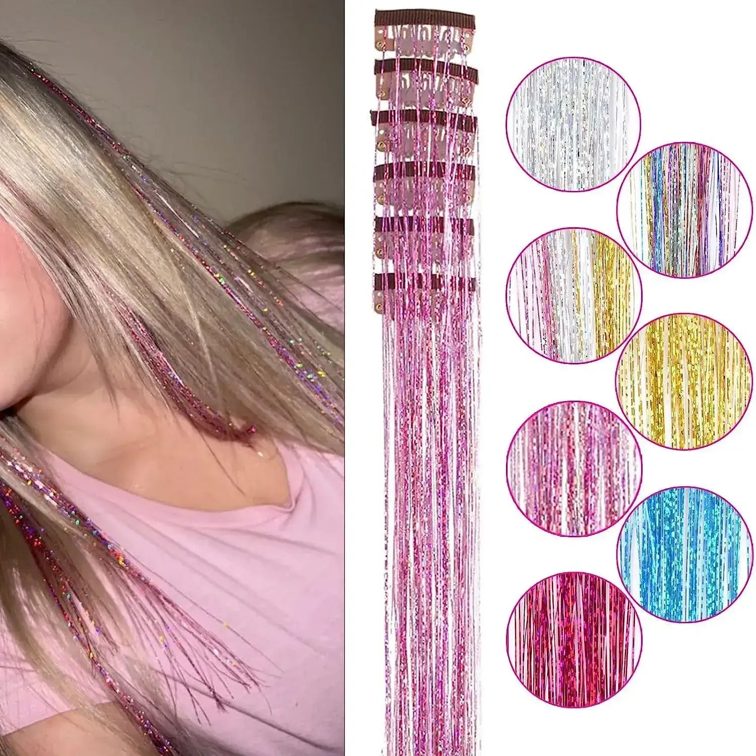 Hair tinsel clips 6 piece set in multiple colors showing glitter strands