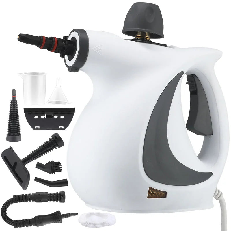 Handheld steam cleaner with alternate color option and full accessory layout displayed