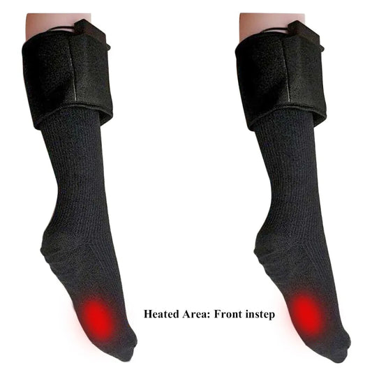 Person wearing electric heated socks showing red toe heating glow battery case attachment