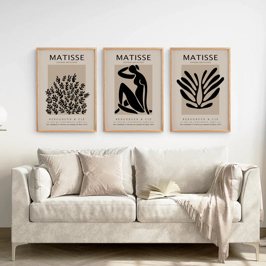 Black Beige Abstract Wall Art Set of 3, Vintage Prints