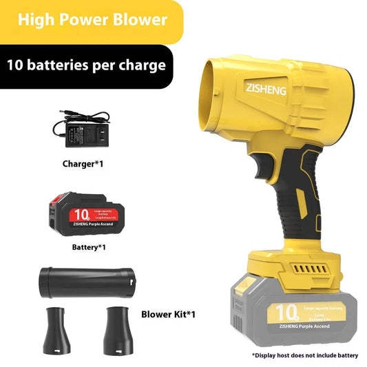 High-power blower kit featuring a 10-cell battery, charger, and nozzles for dust and snow removal.