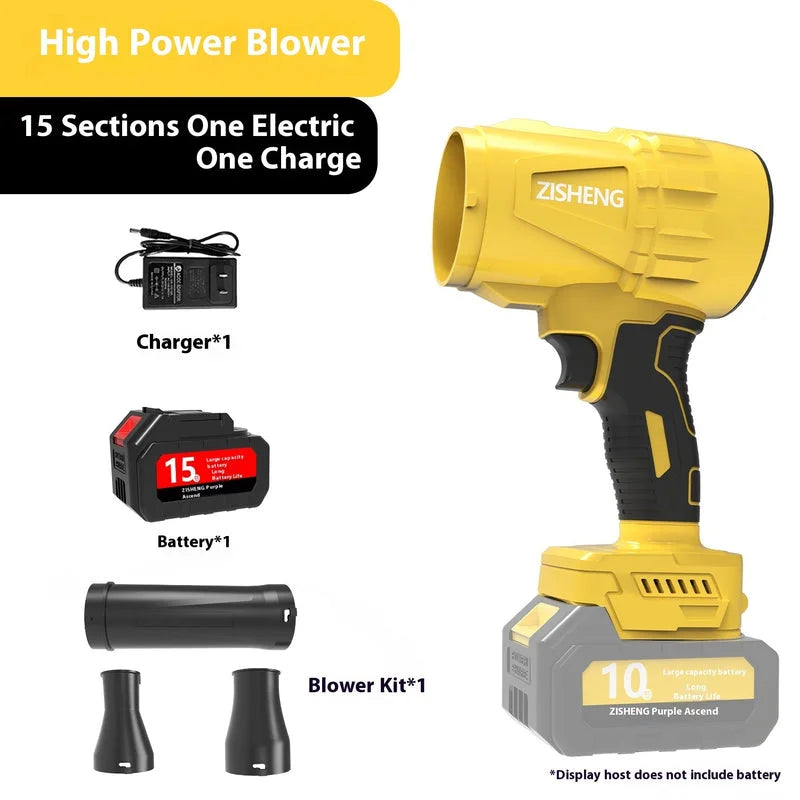 High-power handheld blower kit including a 15-cell battery, charger, and nozzle attachments for strong wind output.