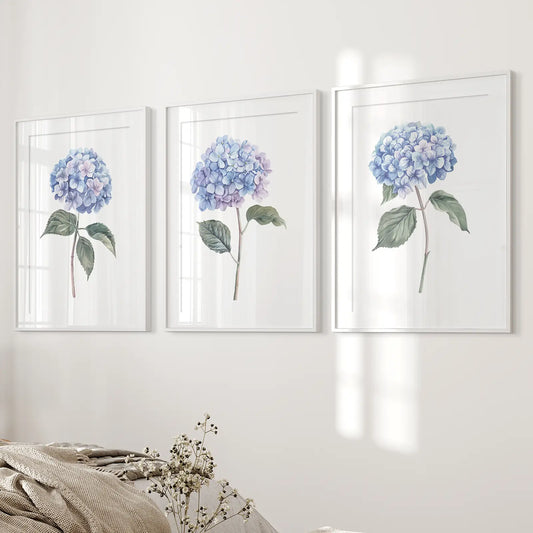 Light Blue Hydrangea Wall Art Set of 3 Floral Prints