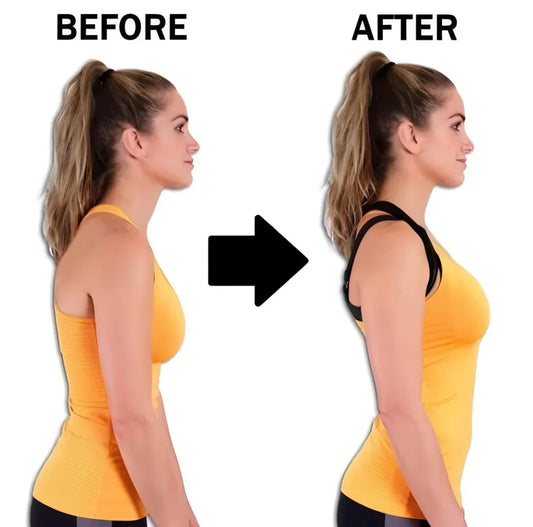 Before and after comparison of a woman's posture correction with a black arrow.