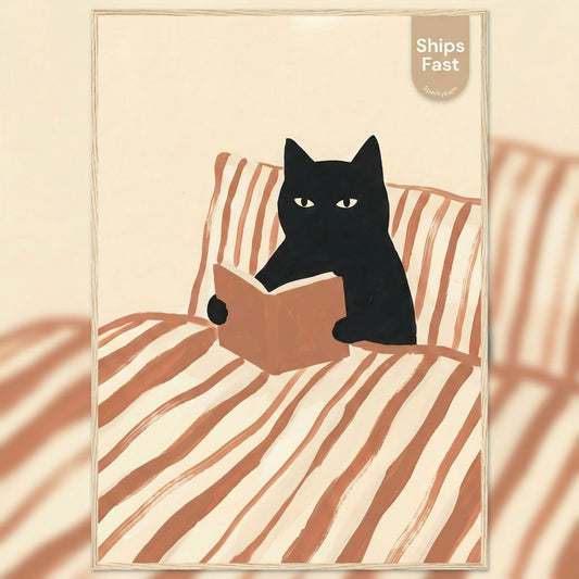 Illustration of a black cat reading a book on a striped couch with a 'Ships Fast' label.