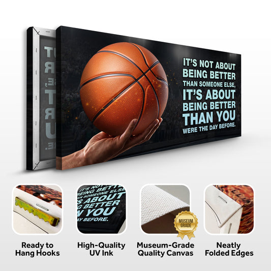 Basketball quote canvas front and side, with text: Ready to Hang Hooks, High-Quality UV Ink, Museum-Grade Quality Canvas, Neatly Folded Edges