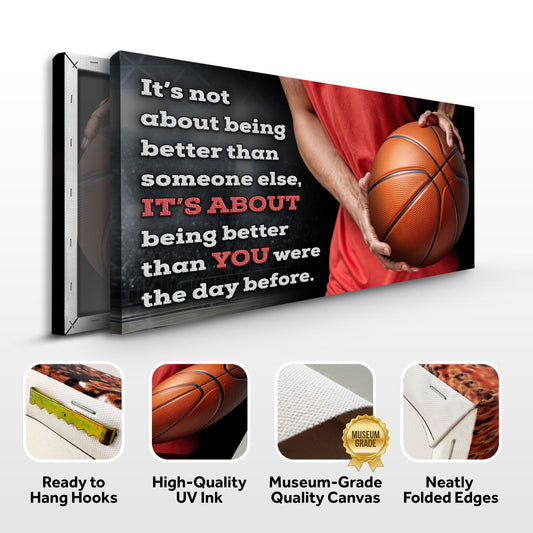 Basketball quote canvas front and side, with text: Ready to Hang Hooks, High-Quality UV Ink, Museum-Grade Quality Canvas, Neatly Folded Edges