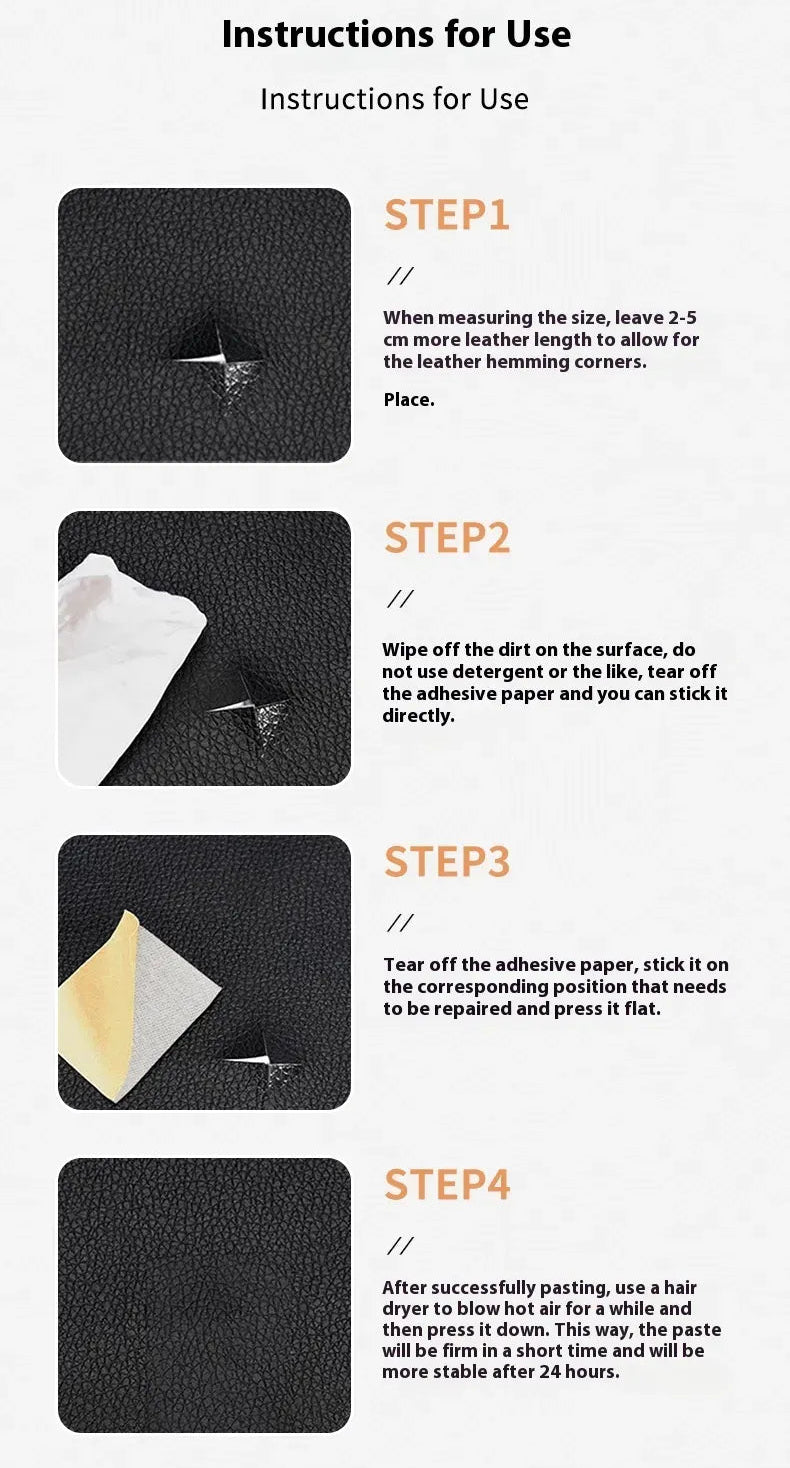 Instructions for using a leather repair kit on a white background