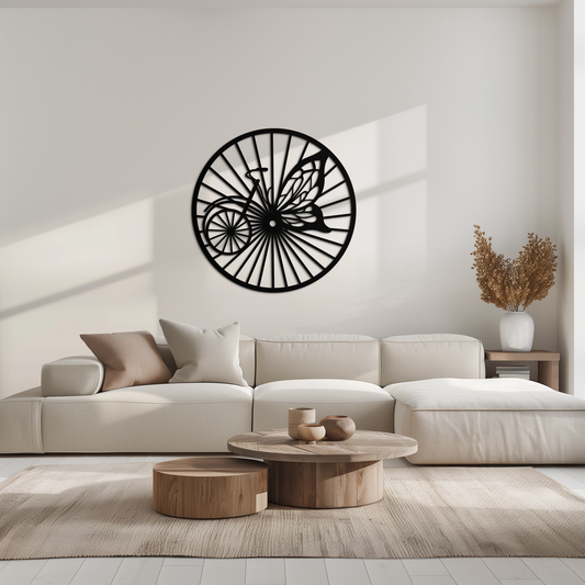 Butterfly Wheel Bicycle Silhouette Metal Wall Art - Elegant Round Nature-Inspired Decor- KAF323