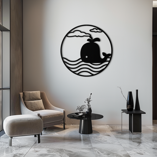 Whale Ocean Scene Metal Wall Art - Circular Coastal Decor