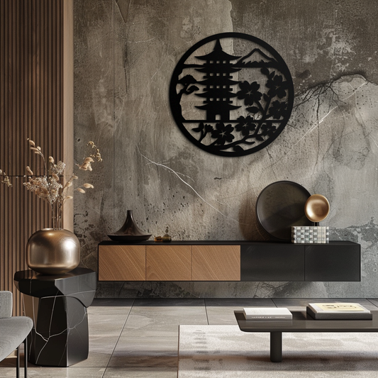 Japanese Pagoda and Sakura Flowers Metal Wall Art – Zen Garden Decor- KAF570