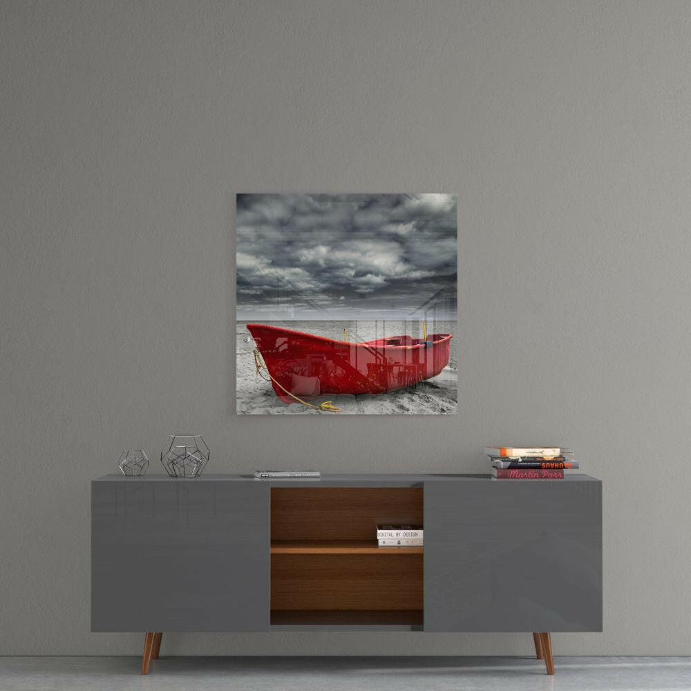 Fishing Boat Cloudy Shore Glass Wall Art