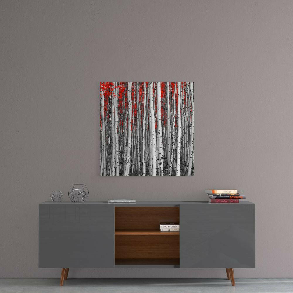 Red Forest Glass Wall Art, Autumn Woodland Glass Decor