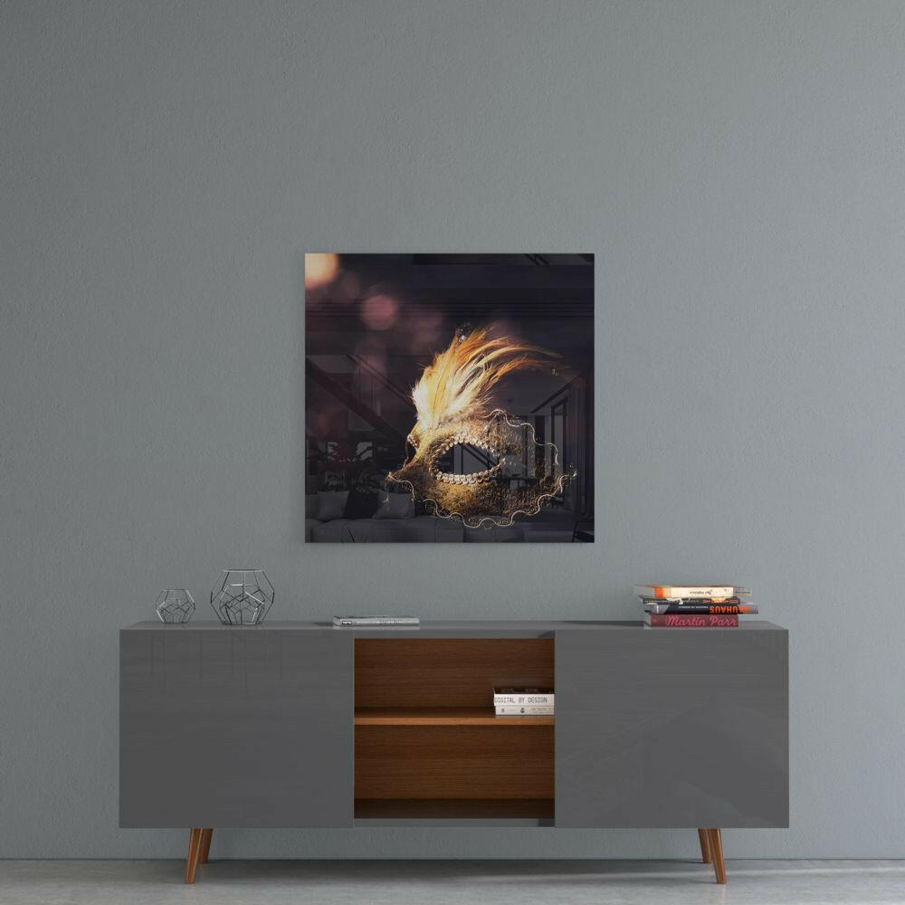 Gold Plumed Masquerade Mask Glass Wall Art