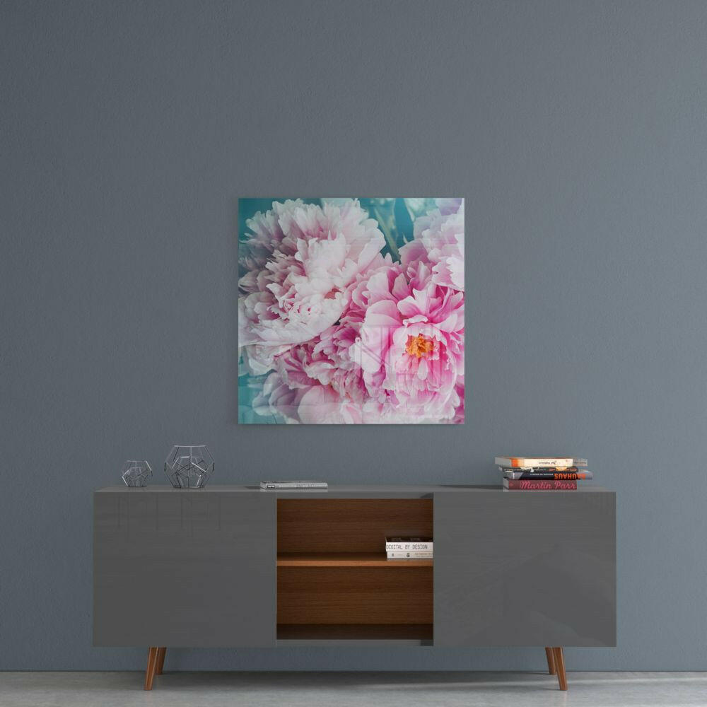 Peony Teal Glass Wall Art