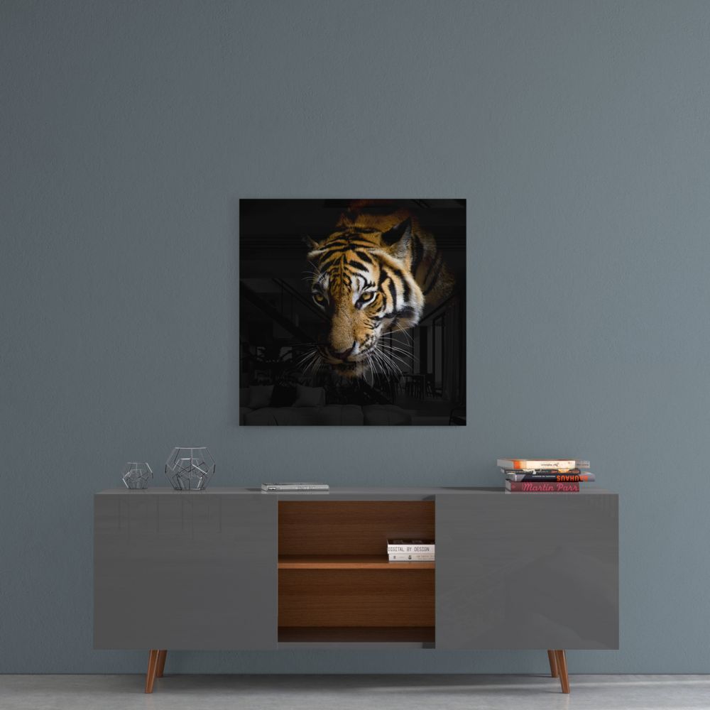 Tiger glass wall art above a gray sideboard with an open wood shelf on a gray wall