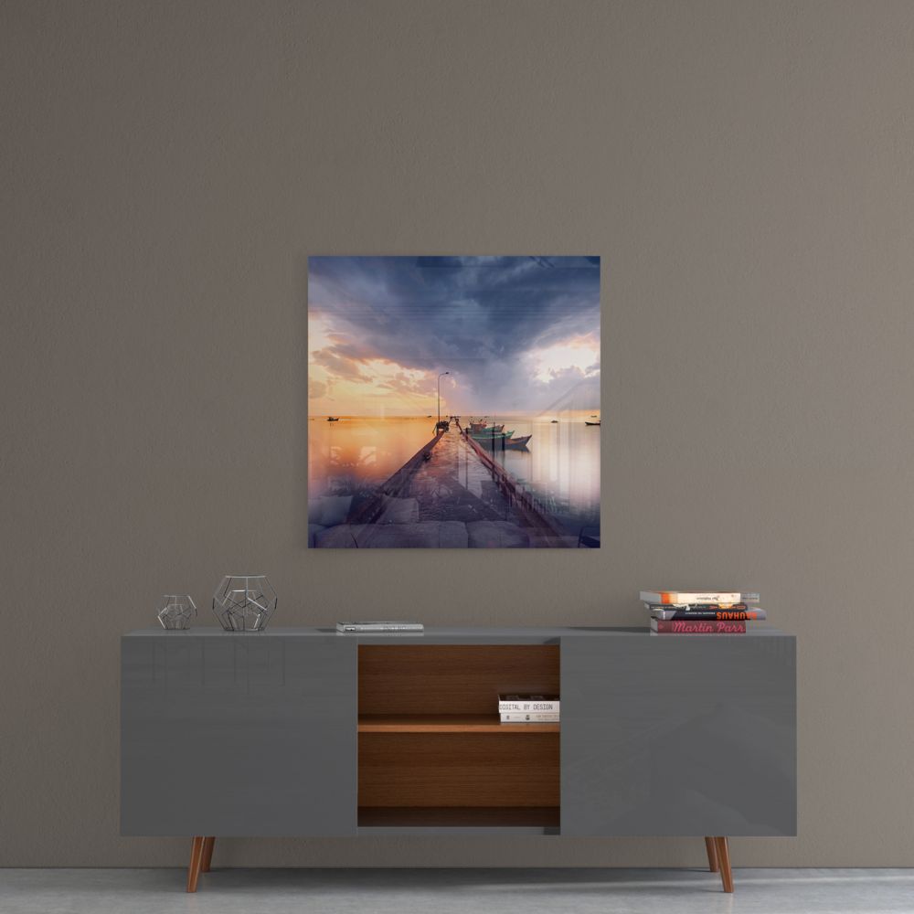 Sunset Jetty and Boats Glass Wall Art