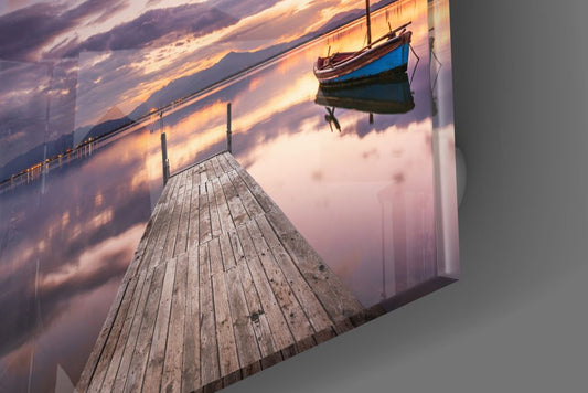 Glossy edge close-up of the purple dusk dock glass wall art showing wooden planks