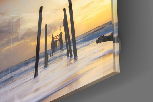 Glossy edge close-up of the ruined pier glass wall art showing posts and silky water
