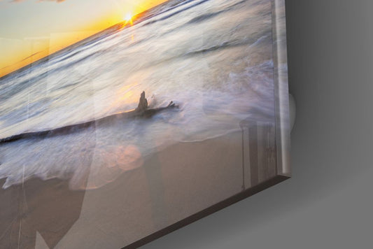 Glossy edge close-up of the driftwood shore glass wall art showing silky surf