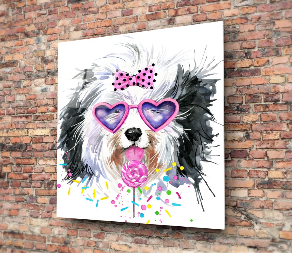 Shaggy dog in heart sunglasses glass wall art hung on a red brick wall