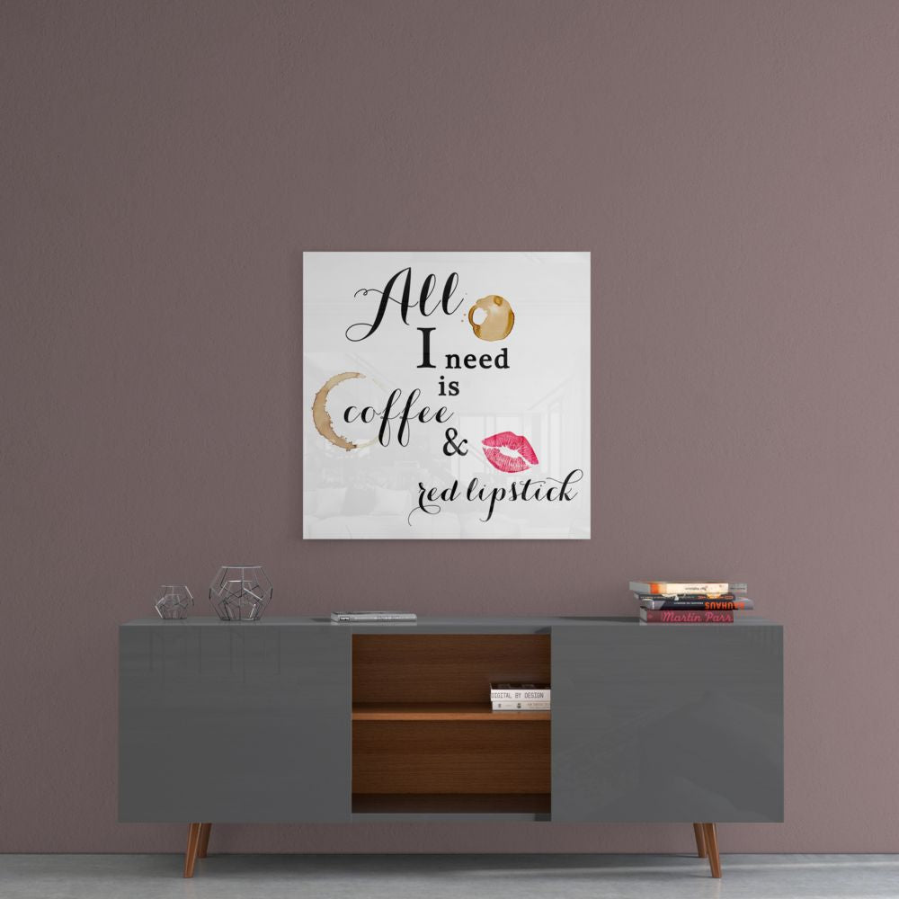Coffee and red lipstick quote glass wall art on a mauve wall above a gray sideboard