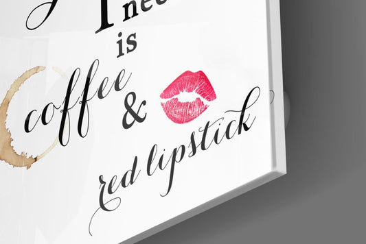 Close-up of the glossy glass edge on the coffee and red lipstick quote piece