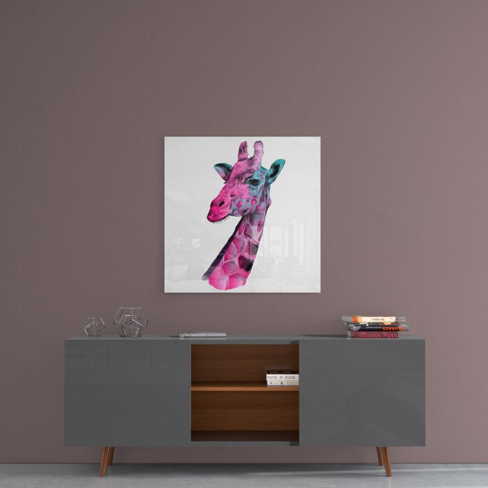 Pink and teal giraffe glass wall art on a mauve wall above a gray sideboard with wood shelves