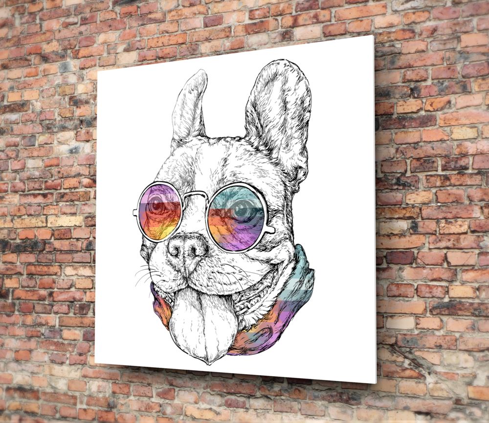 French bulldog sketch glass wall art hung on a red brick wall