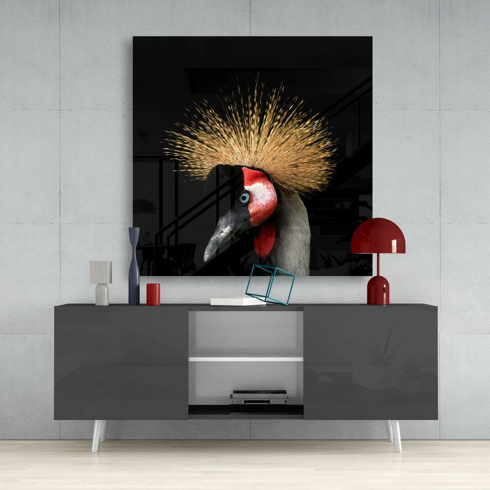 Black Crowned Crane Glass Wall Art
