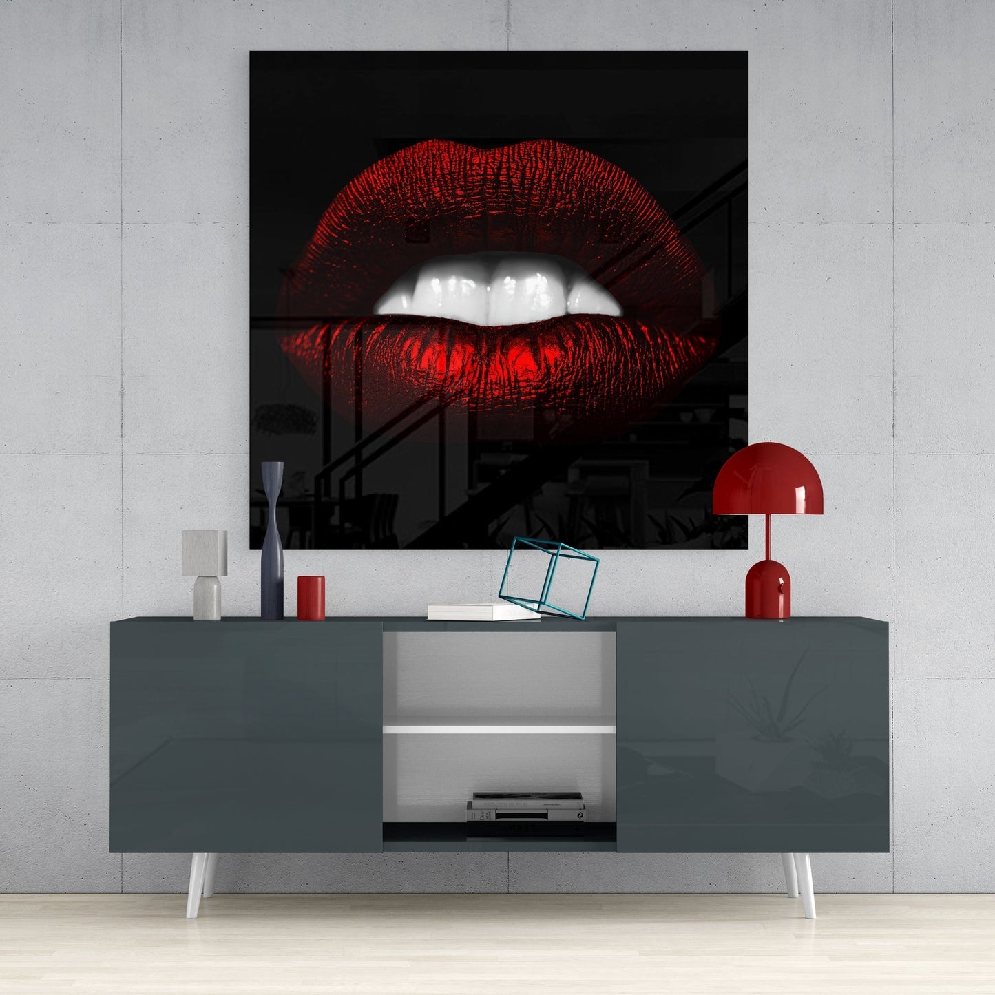 Red Lips White Teeth Glass Wall Art