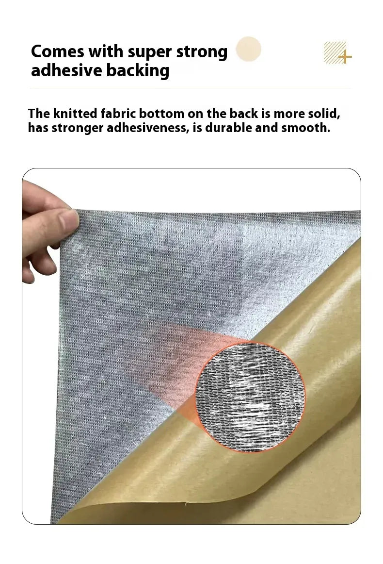 Knitted fabric with adhesive leather repair being held by a hand, showing strong adhesion.