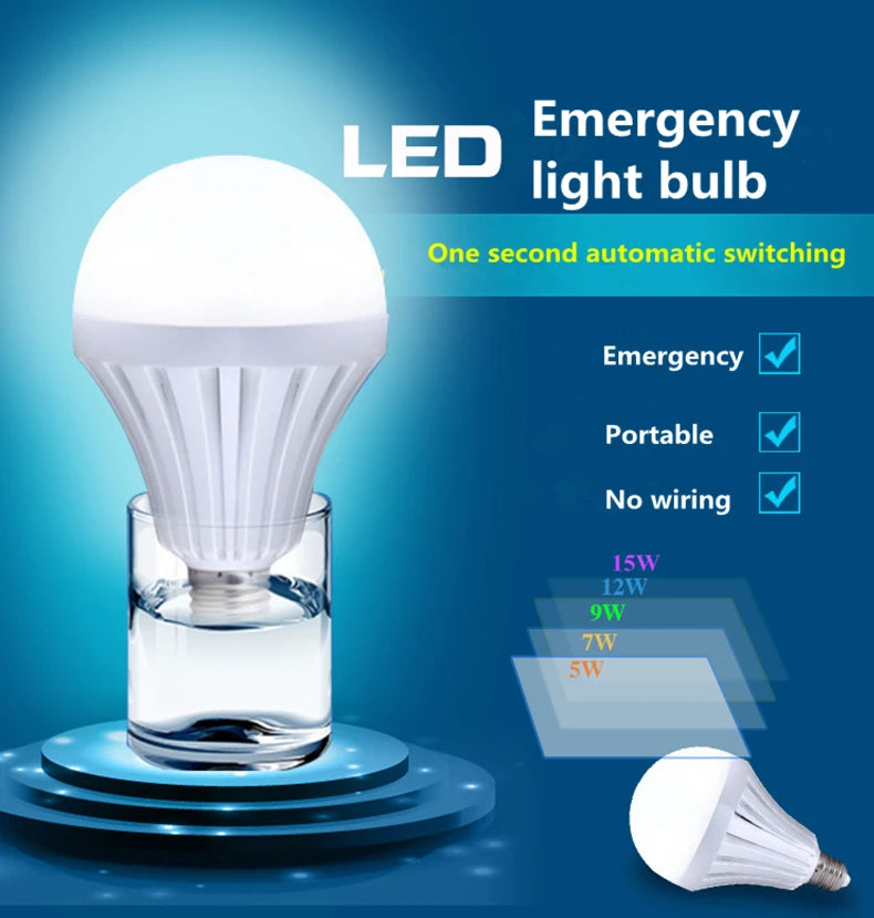 LED emergency light bulb with features on a blue background