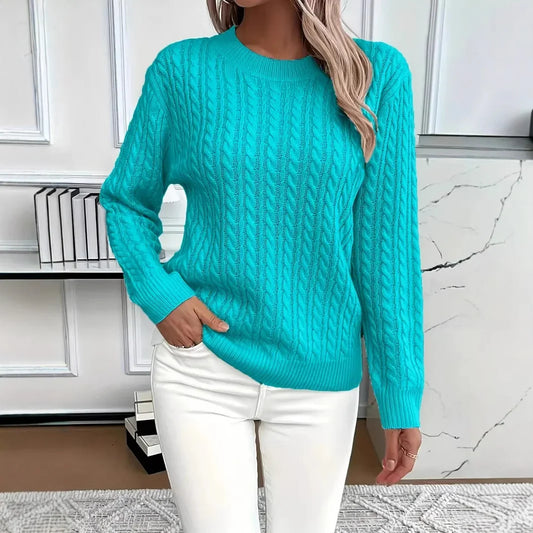 Lake Blue women’s cable-knit sweater with a vibrant polished finish