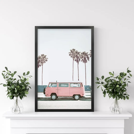 Pink Retro Van Wall Art Print, California Beach Decor