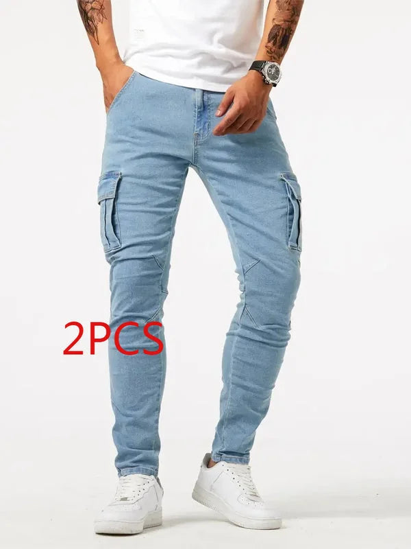 Light blue men's cargo pants 2 piece set with utility pockets and tapered leg