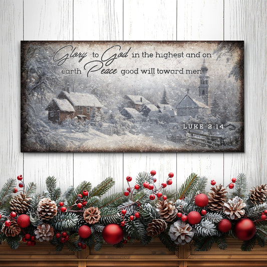 Vintage Christmas Village Luke 2:14 Scripture Canvas