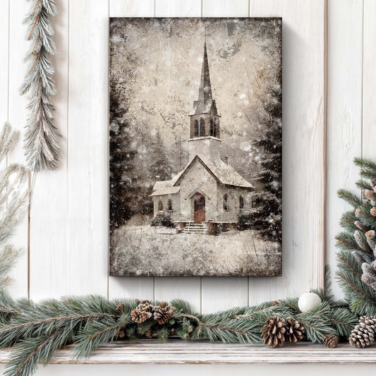 White Country Church in Snow Sepia Christmas canvas shown in a styled room setting, view 2