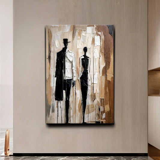 Abstract Couple Silhouettes in Brown and Cream canvas shown in a styled room setting, view 2