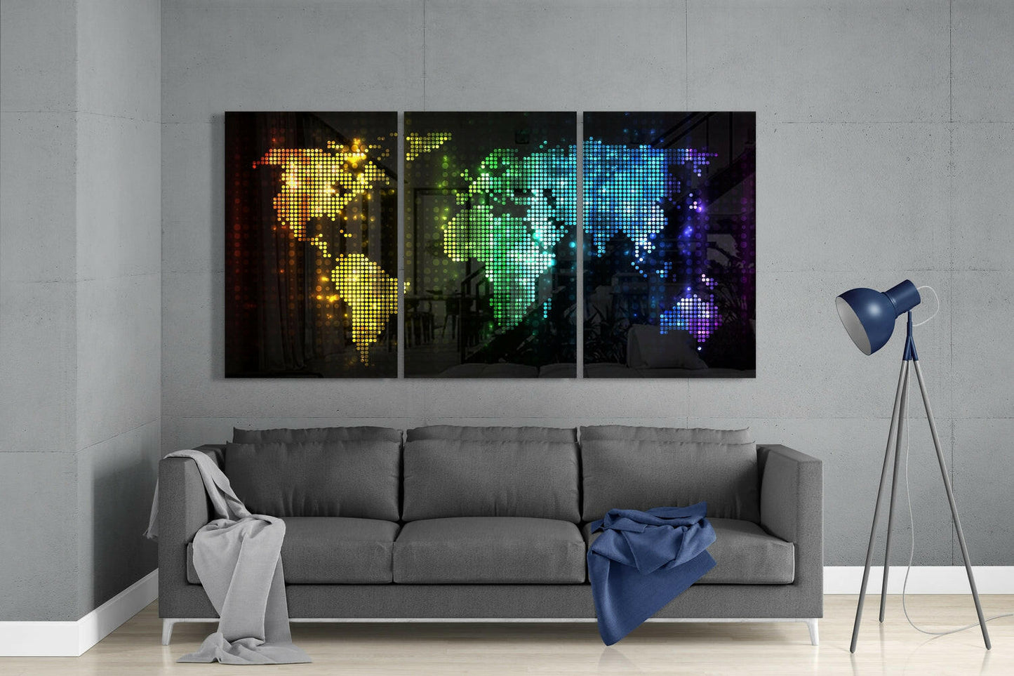 World Map 3-Panel Glass Wall Art