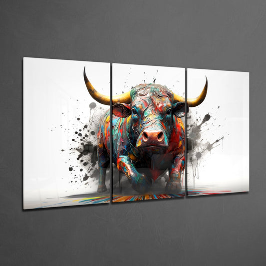 Paint splash bull 3-panel glass wall art set on a gray wall