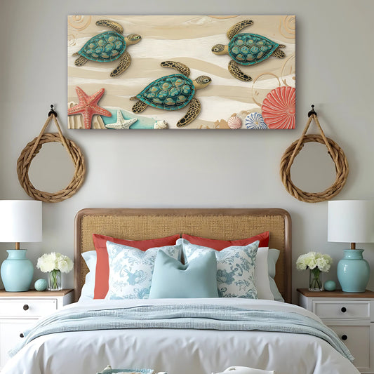 Three Teal Sea Turtles with Starfish and Shells canvas shown in a styled room setting, view 2