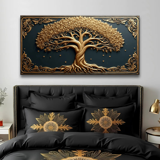 Gold Tree of Life with Scroll Border on Navy canvas shown in a styled room setting, view 2