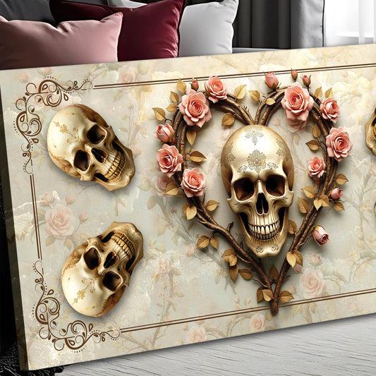 Angled close-up of the Gold Skulls with a Rose Heart canvas, view 2